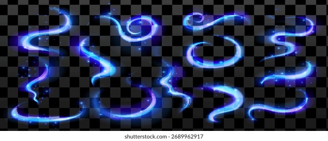 Zauberhafter Windwirbeleffekt in eisigen Tönen. Blaue funkelnde Linien und Wellenlicht erzeugen Windfluss und Kristalleiswirbel magischen Effekt.