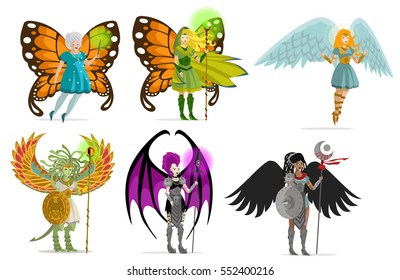 magic winged female hero and villain characters