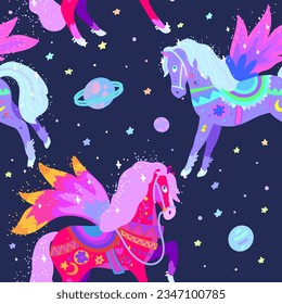 Caballos alados mágicos volando en el cielo estrellado. Patrón vectorial transparente