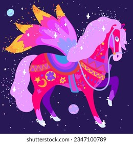 Magic winged horses flying in the starry sky.
