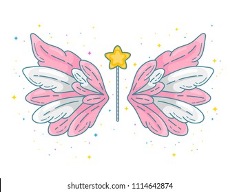 Magic wings in cute little princess style, pink and grey palette. Wide spread angel wings and magic wand with star dust. Vector illustration isolated on white.