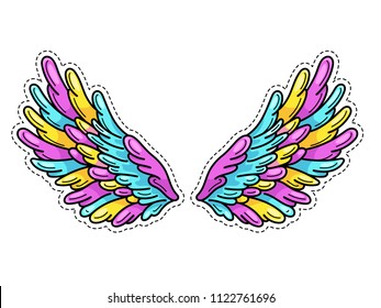 Magic wings sticker in 80s-90s youth pop art comics style. Wide spread angel wings. Retro fashionable patch element inspired by old cartoons. Vector illustration isolated on white.