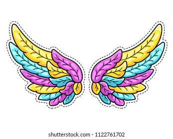 Magic wings sticker in 80s-90s youth pop art comics style. Wide spread angel wings. Retro fashionable patch element inspired by old cartoons. Vector illustration isolated on white.