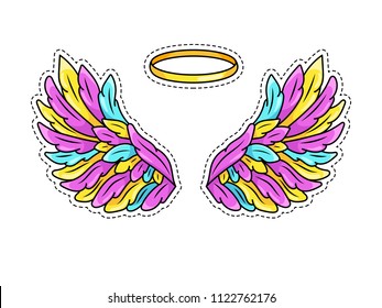 Magic wings sticker in 80s-90s youth pop art comics style. Wide spread angel wings and halo. Retro fashionable patch element inspired by old cartoons. Vector illustration isolated on white.