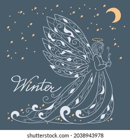 Magic winter angel on the starry sky, magic winter, lettering