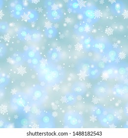 Magic winter background with beautiful various snowflakes on light backdrop. Happy New Year and Merry Xmas holidays. Template for invitations, congratulations, advertisements vector illustration.