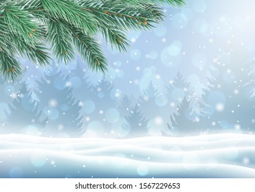Fondo de invierno mágico con rama de árbol de Navidad. Feliz Navidad y Feliz Año Nuevo plantilla de felicitación con espacio para copiar. Bosque de coníferas y nevadas. Ilustración vectorial de festividades estacionales