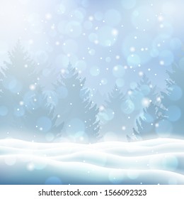 Magic winter background with snow covered christmas trees. Merry Christmas and Happy New Year template with copy space. Realistic coniferous forest and snowfall. Seasonal holidays vector illustration