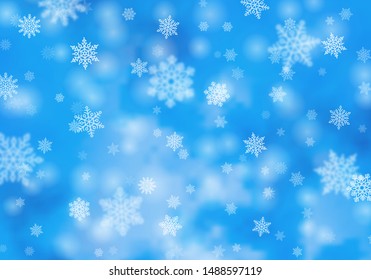 Magic winter background with white snowflakes on light blue blurred backdrop. Template for Happy New Year and Merry Xmas greeting card designs. Realistic snowfall vector illustration.