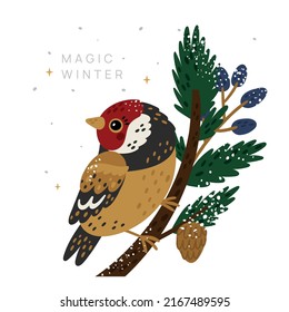 Magic winter card with goldfinch sitting on tree branch