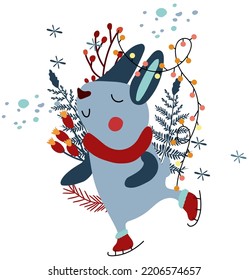 Magic winter, cute rabbit in a scarf on skates with winter berry, leaves, garland, stars. Woodland funny animal. Composition Perfect for greeting cards, poster, postcard, banner. Vector.