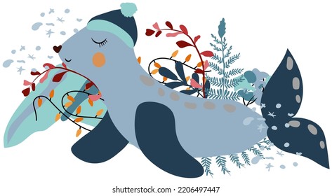 Magic winter, a cute seal in a hat and scarf among the mountains. Winter berries, colored leaves, snow and garlands. Arctic animals. Composition perfect for greeting cards, poster, postcard, banner