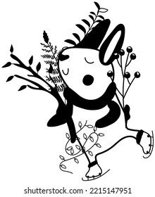 Magic winter, funny rabbit in a scarf on skates with winter berry, leaves, garland. Concept Christmas and New Year. Composition Perfect for greeting cards, poster, postcard, banner. Vector