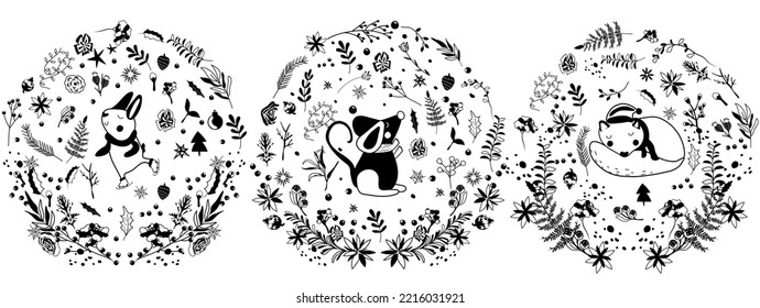 Magic winter, funny rabbit in a scarf on skates, sleeping wolf, cute mouse, Christmas wreath, winter berry, leaves, garland. Concept Christmas and New Year. Vector illustration.