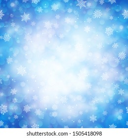 Magic winter glitter background with snowflakes. White snowflakes on light blue blurred backdrop. Template for Happy New Year and Merry Xmas holiday banners decoration vector illustration.