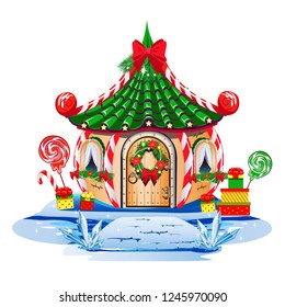 Magic winter house decorated for Christmas with candies, gifts and a Christmas wreath. Santa Claus house. Vector illustration.