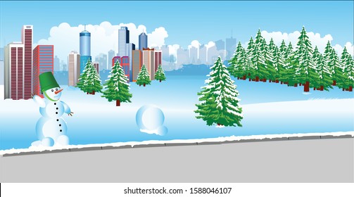 Magic winter landscape at the city edge with fir trees and a snowman. Vector illustration.