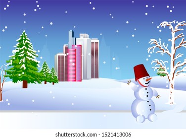 Magic winter landscape with fir trees and a snowman at the city edge. Vector illustration. 