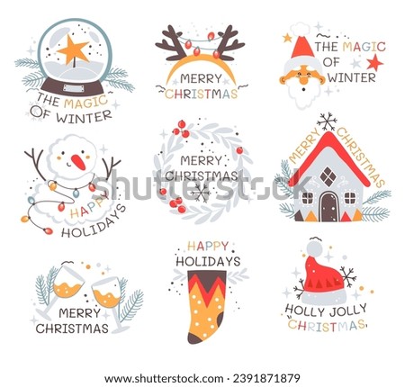 Magic winter, Merry Christmas, happy holidays holly jolly xmas greetings stickers, festive inscriptions with traditional wintertime season paraphernalia decoration isolated set vector illustration