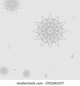 Magic Winter New Year Cozy Silver Pattern. Snow Mandala Grey Cold Pastel Soft Design Pic. Stars Christmas Chaotic Holiday Gray Background. Mystery Sky Snowflake Monochrome White Wallpaper.
