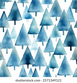 Magic of winter playful watercolor seamless pattern of hand-drawn Christmas trees. Joyful vector design in shades of blue serene beauty of a snowy forest. Soft artistic touch