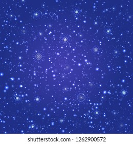 Magic winter repeated background. Snowfalling seamless pattern. Vector illustration. Beautiful snowflakes background. fairytale wallpaper. For holidays, Christmas, New Year designs