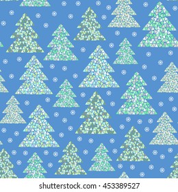 Magic winter seamless pattern of colorful mosaic fir trees and snowflakes. Simple geometric Happy New Year and Christmas background. Northern wood vector illustration.