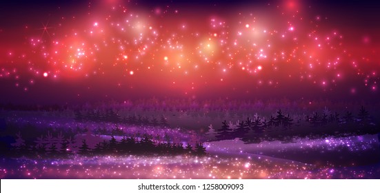 Magic Winter Snow Background With Night Stars And Trees, Vector