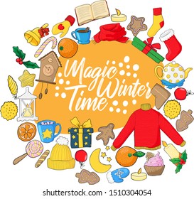 Magic winter time Christmas hand drawn vector illustration banner with x-mas elements in cartoons doodle style on white background. Winter holidays greeting card, web page, poster