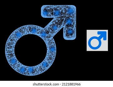 Magic wire frame male symbol with light spots on a black background. Light vector constellation is based on male symbol glyph, with hatched net and light spots.