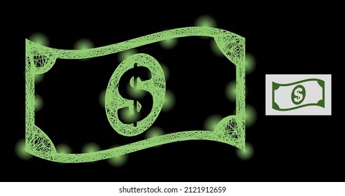 Marco mágico ondeando billetes en dólares con manchas claras sobre un fondo negro. Constelación de vectores ligeros basada en el pictograma de billetes en dólares ondulados, con red rayada y manchas luminosas.