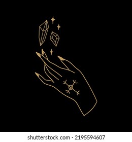 Magic witch alchemy female hand and crystal isolated on white background. Vector and jpg printable image, unique boho clipart illustration, editable isolated details. Perfect for poster or postcard