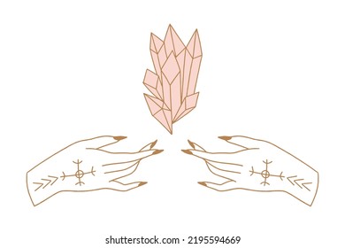 Magic witch alchemy female hands and crystal isolated on white background. Vector and jpg printable image, unique boho clipart illustration, editable isolated details. Perfect for poster or postcard