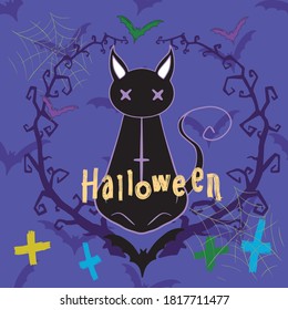 Magic witch cat. Bats, branches with thorns, crosses, cobwebs. Lettering. Halloween vector illustration.