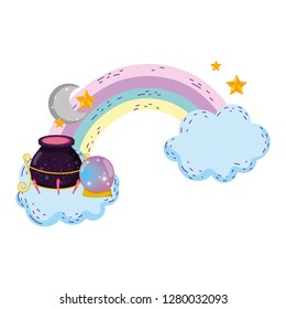 magic witch cauldron with crystal ball in rainbow