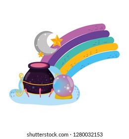 magic witch cauldron with crystal ball in rainbow