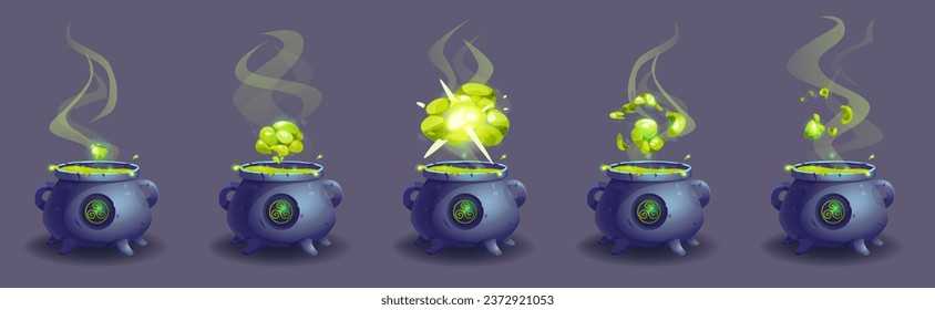 Magic witch cauldron halloween game animation. Green steam cloud smoke evaporation sequence illustration kit. Cooking potion with bubble explosion spritesheet set for mystery alchemy laboratory