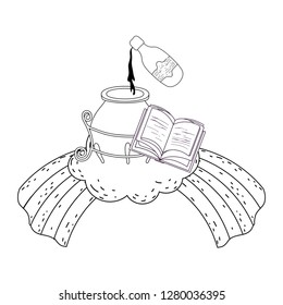 magic witch cauldron with potion bottle and book
