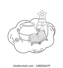 magic witch cauldron with potion bottle and book