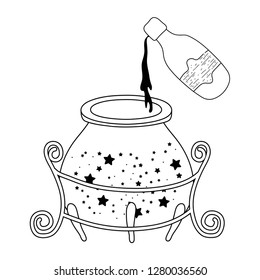 magic witch cauldron with potion bottle
