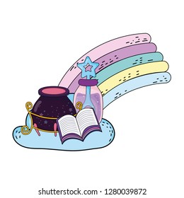magic witch cauldron with potion bottle and book