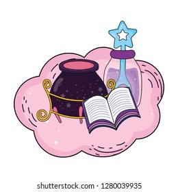 magic witch cauldron with potion bottle and book