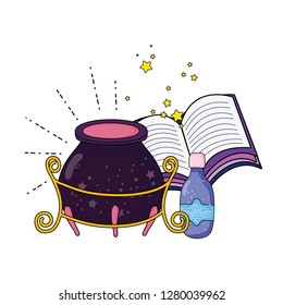 magic witch cauldron with potion bottle and book