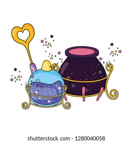 magic witch cauldron with potion bottle and wand