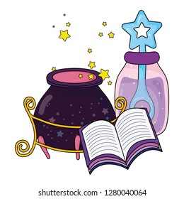 magic witch cauldron with potion bottle and book