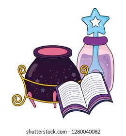 magic witch cauldron with potion bottle and book