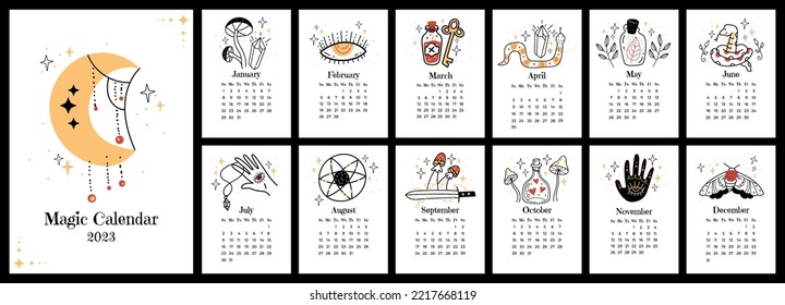 Magic witch esoteric boho style calendar planner abstract design element concept illustration set