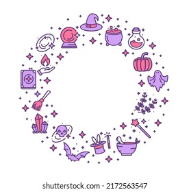 Magic Witch Halloween Design Template Thin Line Icon Frame Concept with Place for Text. Vector illustration