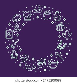 Magic Witch Halloween Party Design Template Thin Line Icon Circle Frame Concept with Place for Text. Vector illustration