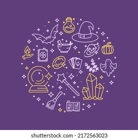 Magic Witch Halloween Round Design Template Thin Line Icon Concept for Promotion, Marketing and Advertising. Vector illustration